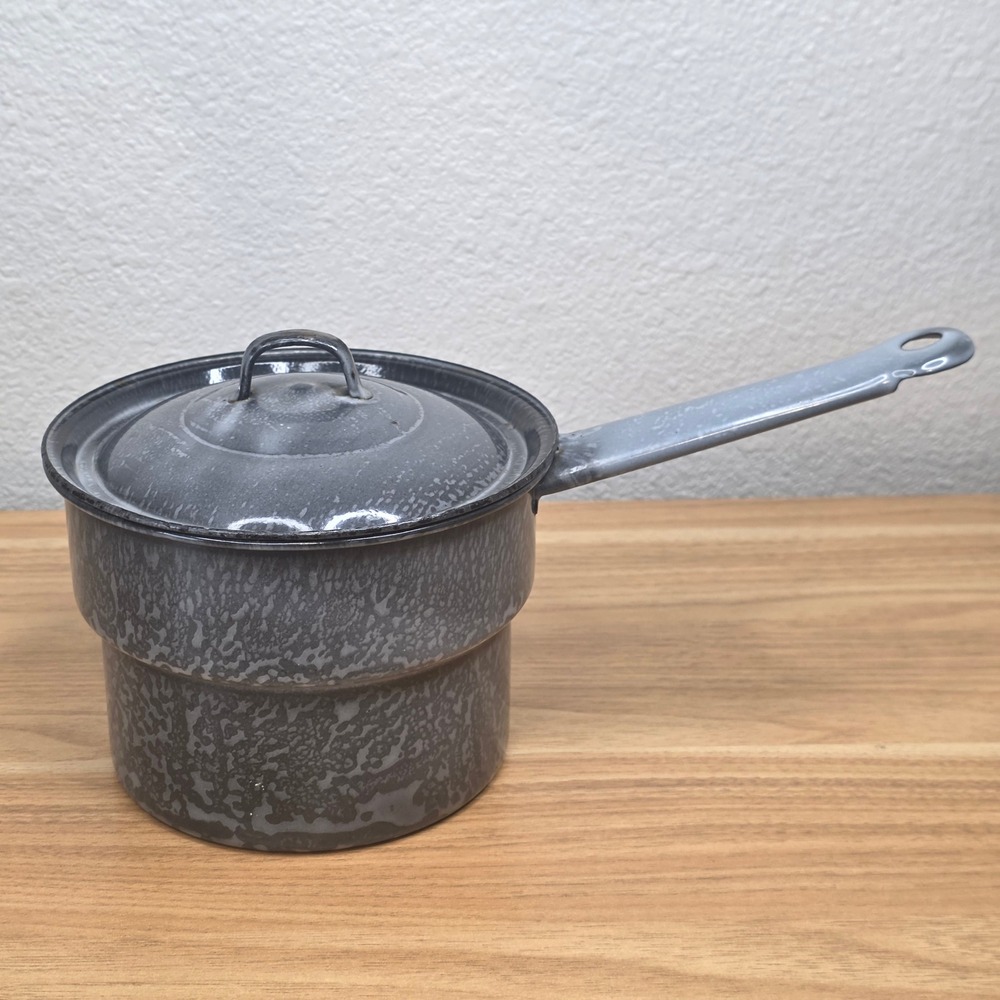 Antique Small Gray Graniteware Enamelware 6 in Saucepan Handled Pot With Lid EUC